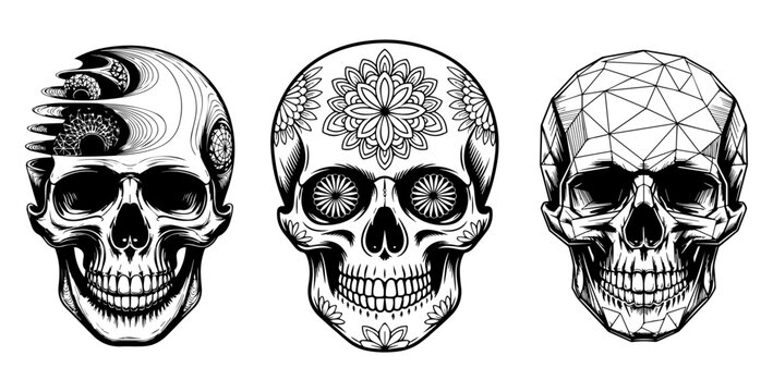 Geometric skull vector, abstract sacred geometry skull illustration, tribal ornamental skull design art for tattoo, print and digital graphic use