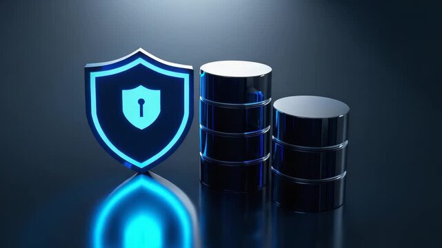 Glowing blue shield with number one icon beside stacks of silver coins on reflective dark surface with dramatic spotlight lighting