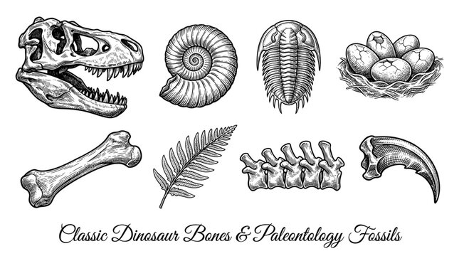 Set of Hand Drawn Dinosaur Fossil and Bone Illustrations in Vintage Engraving Style featuring T-Rex Skull, Ammonite, Trilobite, Raptor Claw, and Dinosaur Eggs