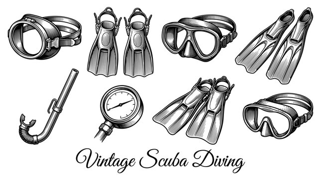 Vintage Scuba Diving Equipment Collection, Hand Drawn Engraved Style Vector Set with Underwater Masks, Fins, Snorkel, and Pressure Gauge in Black and White