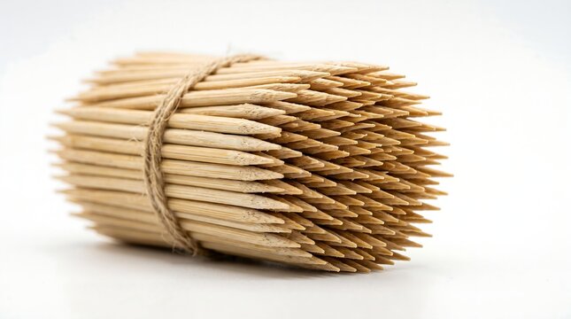 Close-up of a neatly tied bundle of natural bamboo toothpicks, highlighting their texture and quantity on a clean white background