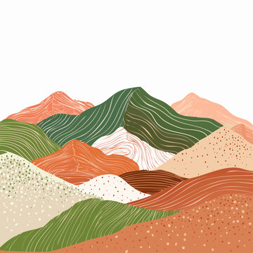 Abstract landscape art with stylized mountains and hills