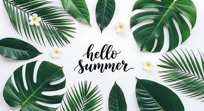 Hello summer tropical leaves and white flowers on a white background