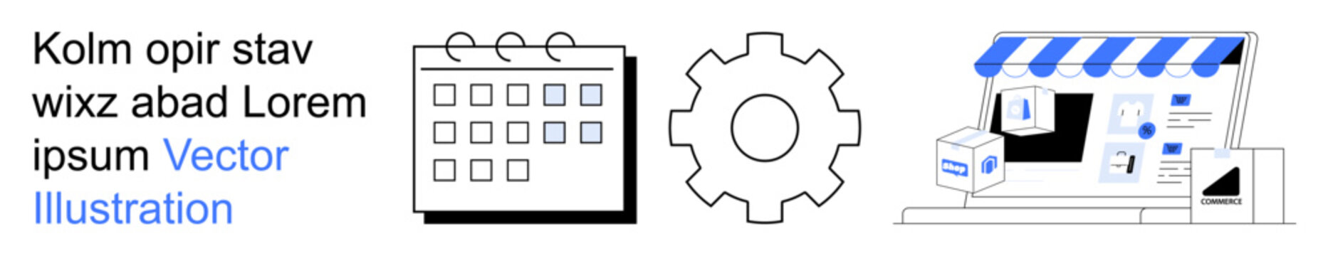 Business planning, workflow automation, e-commerce platforms, digital tools, online shopping, market trends. calendar, gear cog and online store graphic. Business planning and workflow automation
