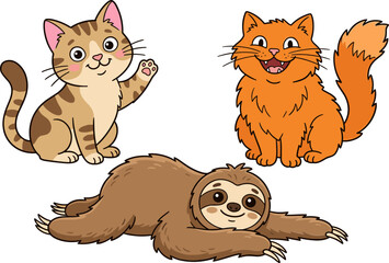 Fototapeta premium Cute Cartoon Animal Character Set Featuring Waving Tabby Kitten Fluffy Ginger Cat and Smiling Brown Sloth for Kids Education Nursery Decor and Pet Themed Graphic Designs