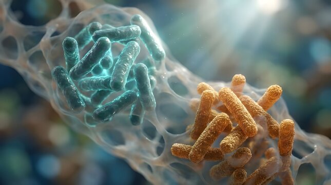 Microscopic 3D Render of Bacterial Filtration: Rod-Shaped Bacilli Trapped in Organic Lattice Membrane