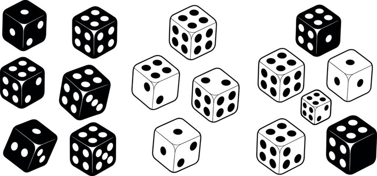 Collection of black and white dice vectors in various isometric angles and positions for gaming gambling and board games