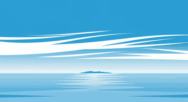 A solitary island sits on the horizon under a vast, blue sky with streaky white clouds