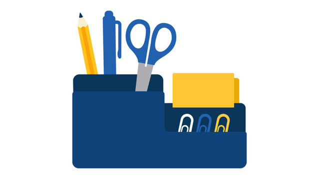 Minimalist hand-drawn vector icon of a desk organizer with pens and office supplies, clean line illustration for workstation organization and layout, professional scalable graphic resource item.