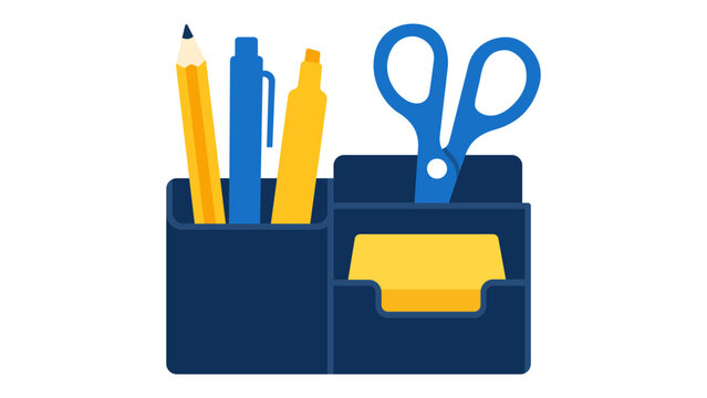 Professional desk organizer vector icon for office storage, minimalist hand-drawn illustration of a stationary holder, scalable line art representing workplace order and productivity tools.