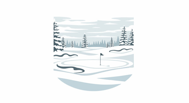A stylized winter golf course with snow-covered fairways and trees