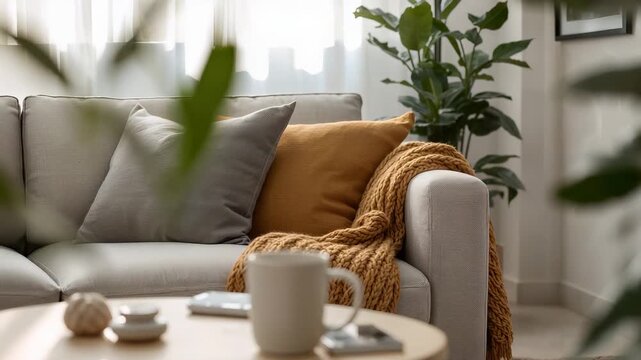 Cozy gray sofa with orange pillow yellow knitted throw blanket and white mug on coffee table in bright living room interior