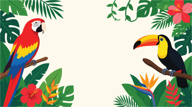 Tropical Lush Plants Vector Frame with Birds Illustration
