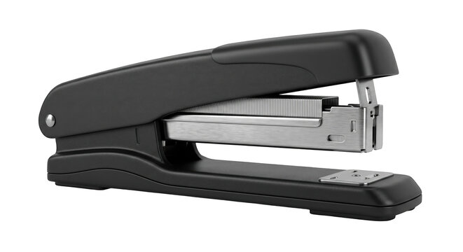 Side view of a modern black desktop stapler loaded with staples isolated on a solid black background