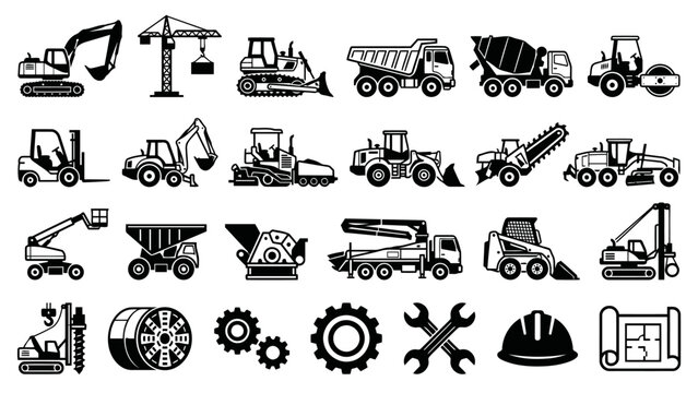 A collection of black and white construction machinery silhouettes including excavators, trucks, and tools.
