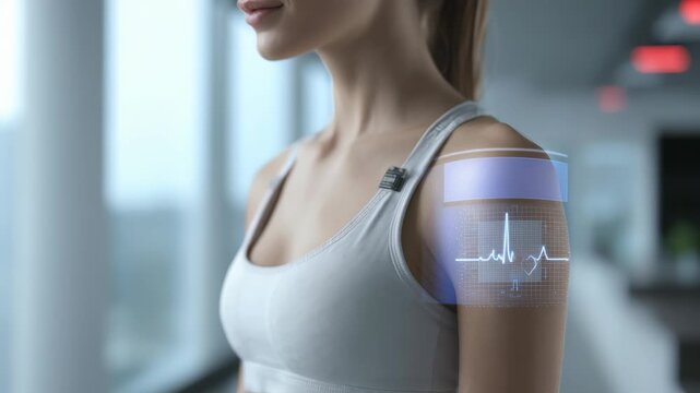 Close up fit woman in white sports bra with smart wearable device, digital heart rate display on her upper arm. Innovative fitness technology for real time health tracking in bright gym environment