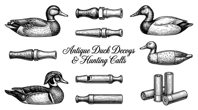 Vintage Duck Hunting Gear Set: Hand-Drawn Antique Decoys, Wood Calls, and Shotgun Shells in Engraving Style