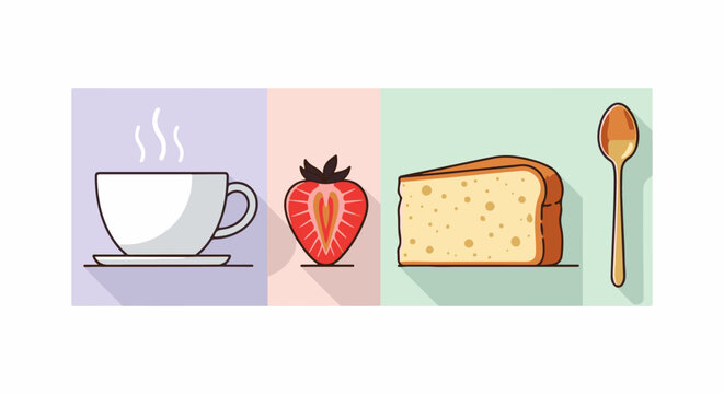 A still life composition with a cup of steaming coffee, sliced strawberry, bread, and spoon