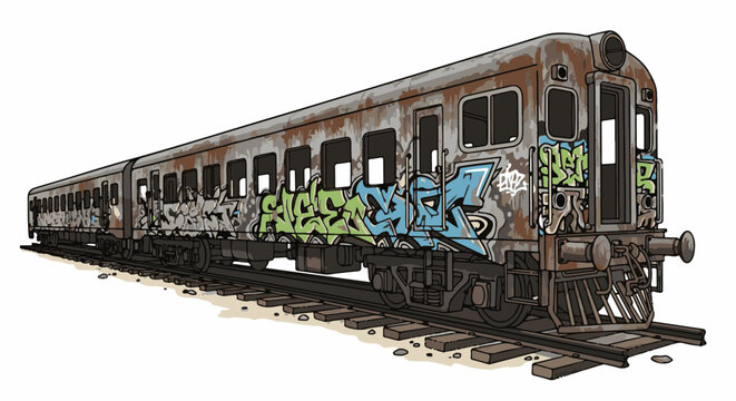 A rusty, graffiti-covered train sits on weathered railway tracks