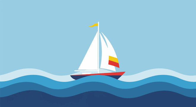 A sailboat with white sails and colorful flags sails on blue ocean waves