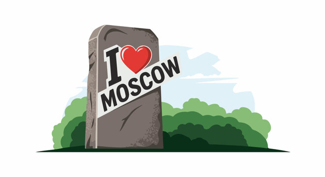 A stone monument with "I Love Moscow" text and a heart against a backdrop of trees