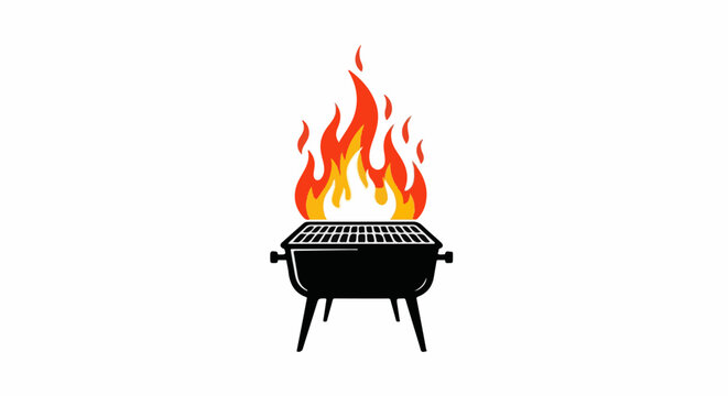 A simple black barbecue grill with vibrant orange and yellow flames