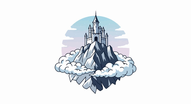 A majestic castle stands atop a rugged, snow-covered mountain peak