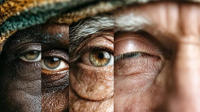 Cinematic collage of diverse human eyes from different ethnicities and ages. High-quality 4K video for global unity, anthropology research, and longevity science storytelling.