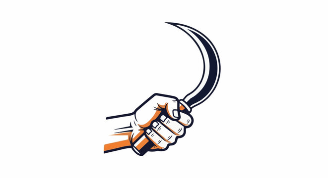 A stylized illustration of a hand gripping a curved blade weapon
