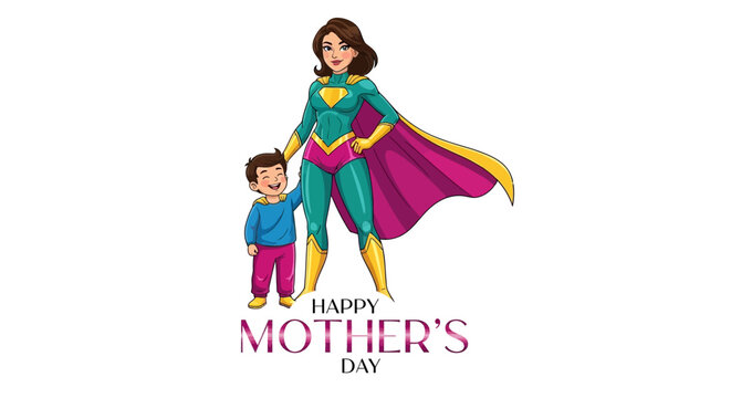 A cartoon-style illustration celebrates happy mother&rsquo;s day, depicting a loving mother in a superhero costume with her child, set against a clean white background for a vibrant
