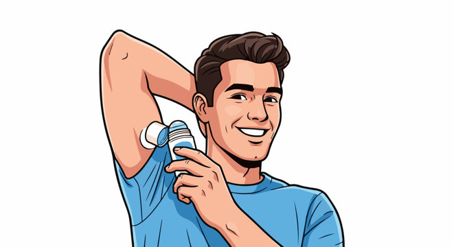 A smiling man with dark hair applies deodorant under his arm