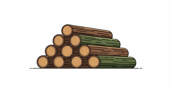 A pyramid stack of cut wood logs, some brown, some green, with rings