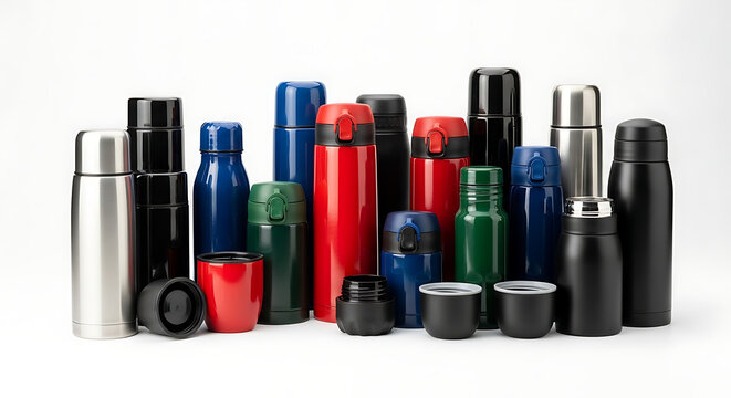 Assortment of colorful thermos bottles and lids arranged on a white surface in a studio shot