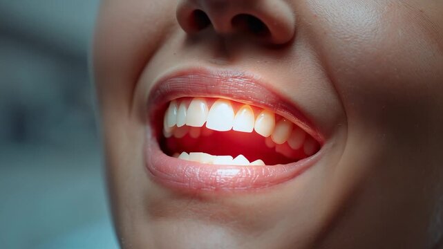 Bright smiling mouth with healthy white teeth and glowing dental light during oral care examination, cosmetic dentistry, and hygiene treatment
