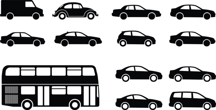Set of black vehicle silhouettes including double decker bus delivery van sedan coupe and hatchback car isolated on white background for transportation and traffic design.