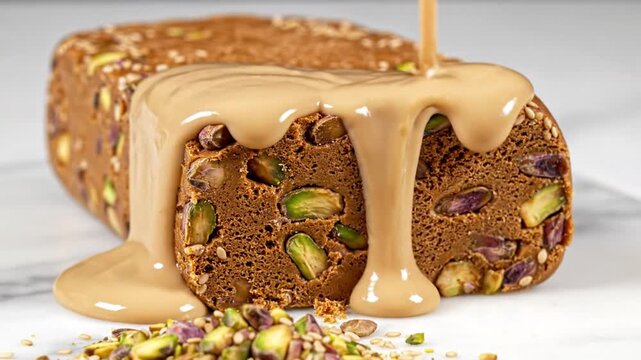 Traditional Halva With Green Pistachios And Creamy Tahini Sauce Pouring On Marble Surface