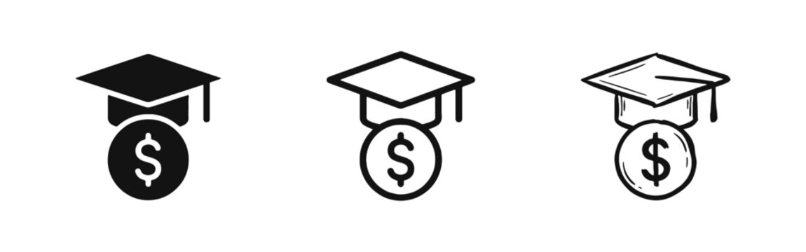 Graduation Cap with Dollar Coin Icon Set for Student Loan and Education Cost