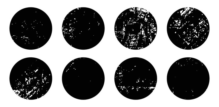 Rough ink texture circle set. Vector linocut stamp icons, lino rubber printmaking bg. Round brush shapes, vintage distressed edges badge tags. Black retro letterpress woodcut organic grain prints