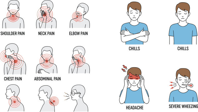 Medical Symptoms and Pain Icon Set Featuring Character with Headache Chest Pain Abdominal Pain and Chills for Healthcare Designs