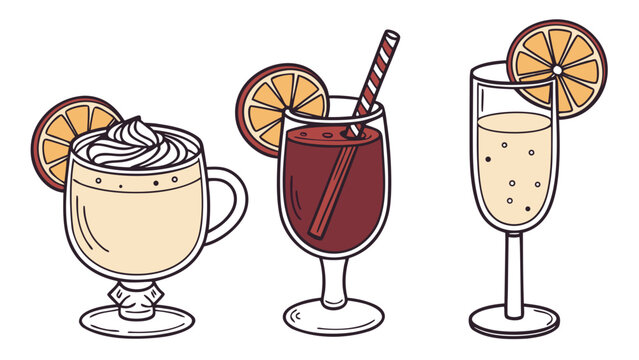 Three illustrated cocktails with decorative garnishes, including a creamy drink, a fruity beverage with a straw, and a sparkling wine glass with citrus slice