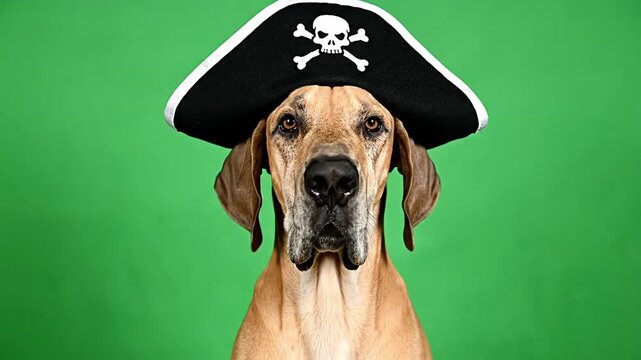 Great Dane dog wearing a pirate hat looking directly at the camera on a green background.