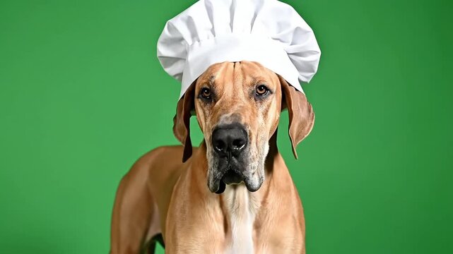 Great Dane dog wearing a white chef hat against a green background, looking directly at the camera.