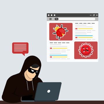 Hooded hacker using laptop to spread computer bug and virus malware on web browser. Malware attack, hacker piracy and unsafe internet data breach technology concept
