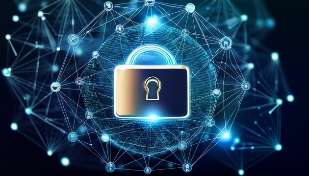 a digital wallet secured with a lock surrounded by a network of glowing nodes representing cybersecurity and digital finance