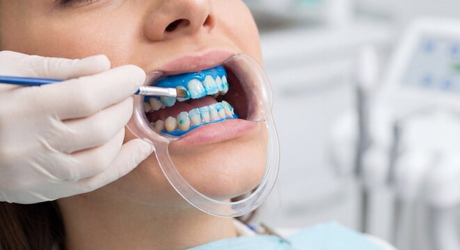 Professional Teeth Whitening Procedure in a Dental Clinic Close-up