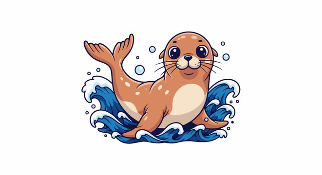 A playful cartoon seal surfs on blue ocean waves