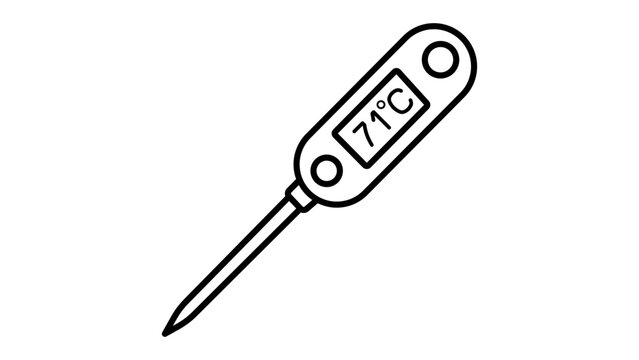 Modern meat thermometer vector icon featuring editable stroke for kitchen cooking and food safety, minimalist hand-drawn line illustration isolated on white background for various culinary uses.