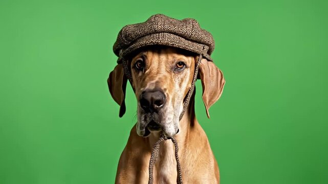 A great dane dog wearing a flat cap against a vibrant green background.