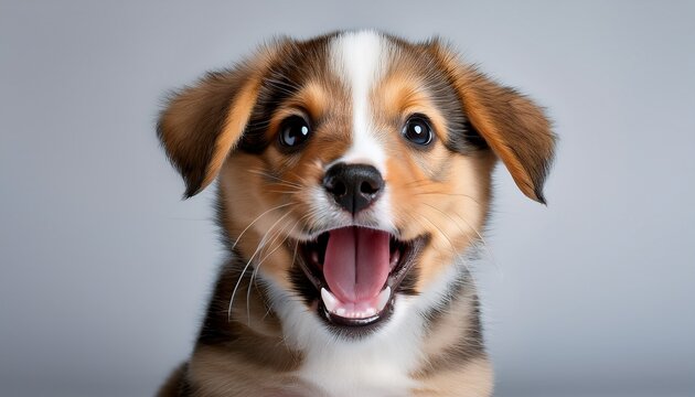 funny puppy with open mouth on a gray background studio shot ia generated