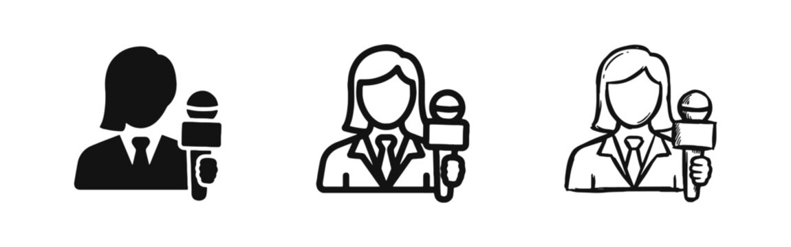 News Reporter Journalist with Microphone Interview Icon Set